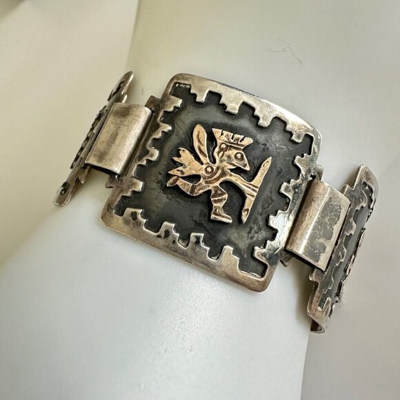 Vintage 925 Sterling Silver & 18K Gold Peruvian Face 1" Wide Panel Bracelet 7.5" - Picture 2 of 12